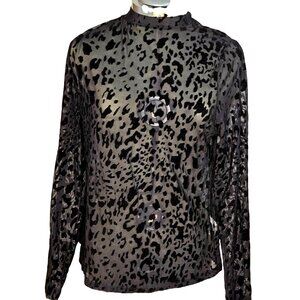 Woman's sheer velvet burnout leopard print pullover longs sleeve blouse X-Large
